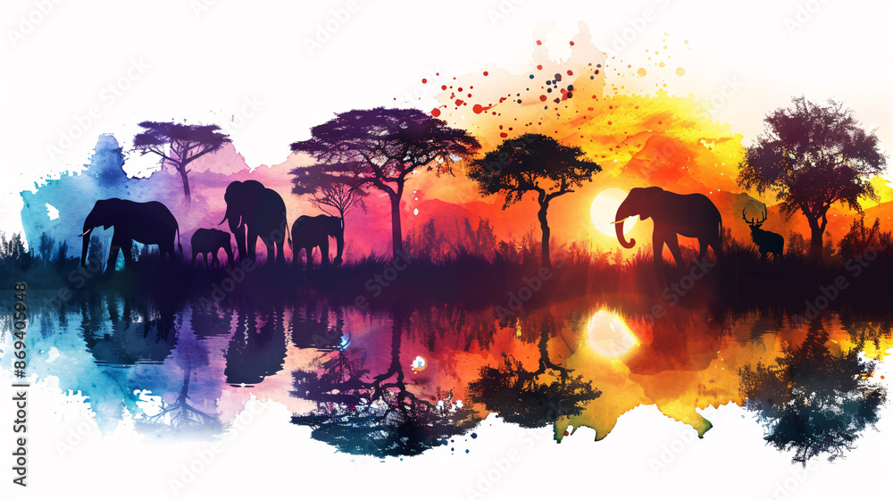 African wildlife scene with neon and watercolor effects on white background African wildlife scene with neon and watercolor effects on white background