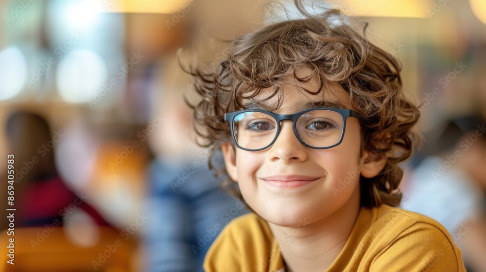 A cheerful boy wearing glasses, smiling in a classroom setting, embodying confidence and joy in learning. A cheerful boy wearing glasses, smiling in a classroom setting, embodying confidence and joy in learning.