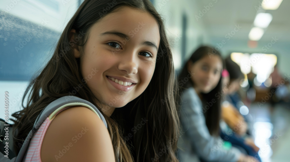 Fototapeta premium A smiling girl in a school hallway with friends, highlighting happiness, friendship, and the school experience.