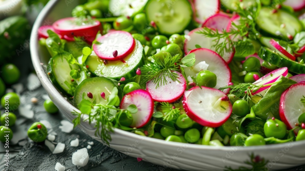 Spring-Summer Vegan Salad With Radishes, Fresh Cucumbers, Green Peas, And Herbs, Vibrant And Healthy Spring-Summer Vegan Salad With Radishes, Fresh Cucumbers, Green Peas, And Herbs, Vibrant And Healthy
