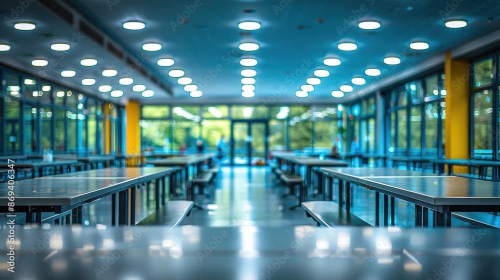 A spacious and modern school cafeteria with bright lighting and large windows, creating an inviting atmosphere for students. A spacious and modern school cafeteria with bright lighting and large windows, creating an inviting atmosphere for students.