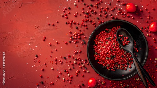 Red peppercorns in a black bowl on a red background photo