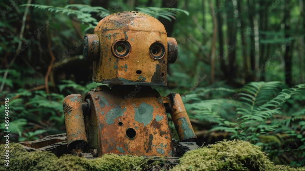 A rusty robot sits in a lush forest, blending technology and nature in a unique and thought-provoking scene. A rusty robot sits in a lush forest, blending technology and nature in a unique and thought-provoking scene.