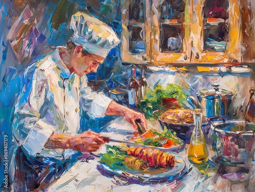 Capture a Tilted Angle View of a Chef preparing a vibrant dish in a cozy kitchen, blending Personal Life with Culinary Arts in an Impressionistic style