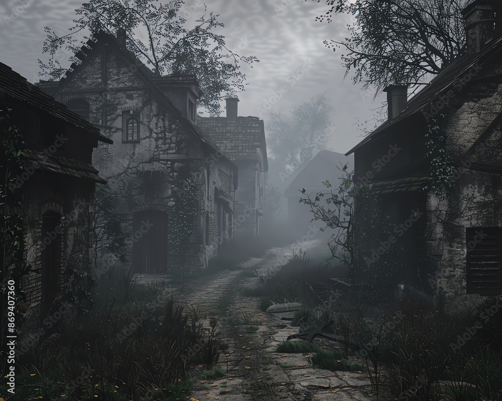 An eerie virtual reality simulation of The Black Plague in an ancient village, with foggy streets, dilapidated houses, and shadowy figures lurking An eerie virtual reality simulation of The Black Plague in an ancient village, with foggy streets, dilapidated houses, and shadowy figures lurking