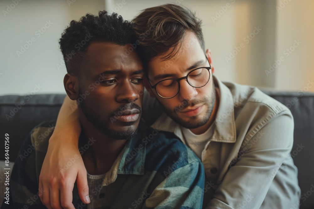 Intimate moment between a gay couple. An intimate and affectionate scene of a gay couple embracing on a couch, portraying love and support. Ideal for depicting LGBTQ+ relationships and emotions. Intimate moment between a gay couple. An intimate and affectionate scene of a gay couple embracing on a couch, portraying love and support. Ideal for depicting LGBTQ+ relationships and emotions.