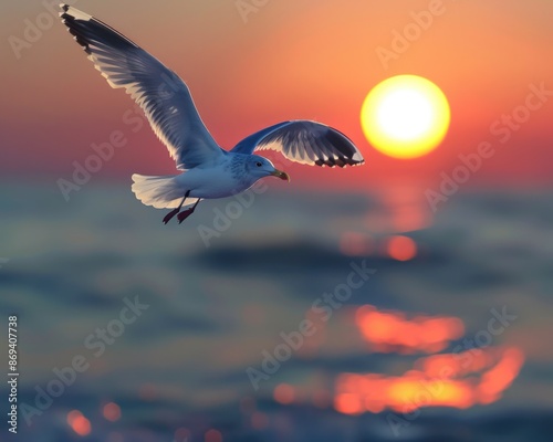 Seagull Flying at Sunset over Sky and Sea. Nature Beach Landscape with Sun Reflection