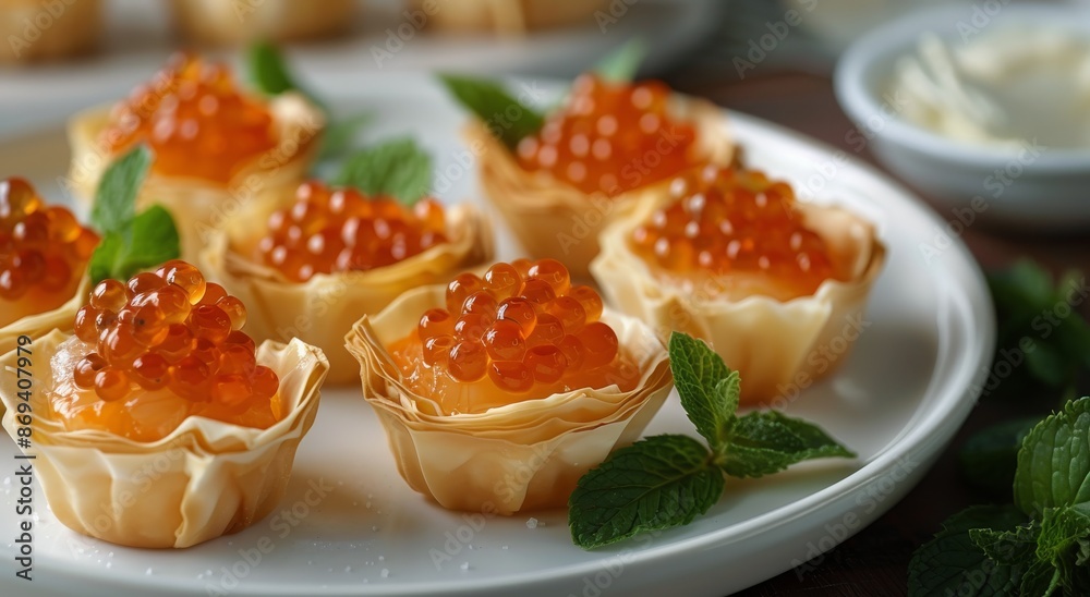Red Caviar Canapes With Phyllo Dough and Mint Garnishes Red Caviar Canapes With Phyllo Dough and Mint Garnishes
