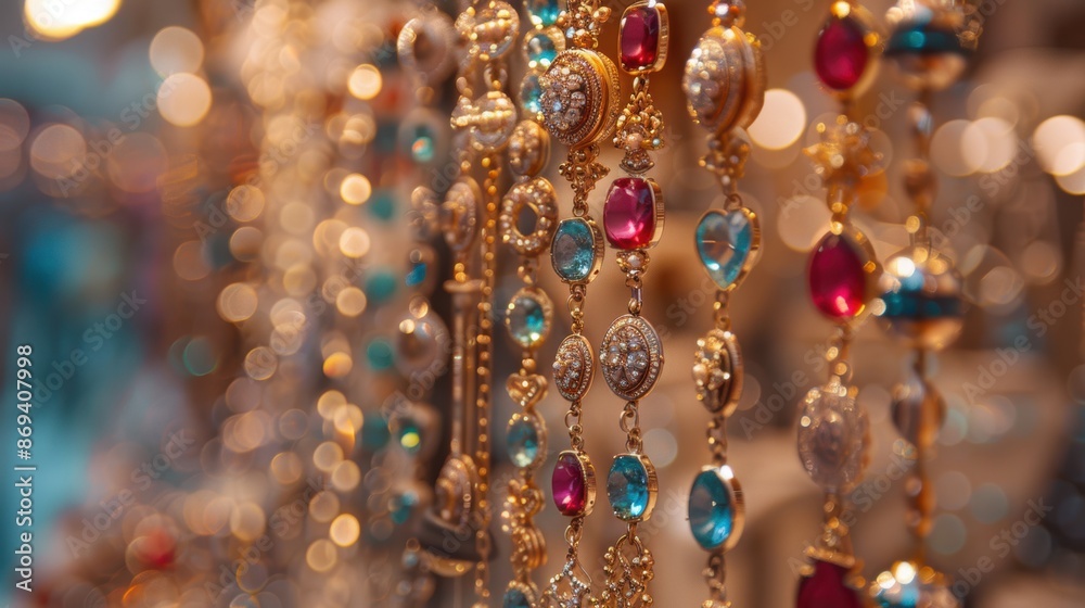 Elegant and vibrant jewelry pieces hanging on display, featuring various gemstones and intricate designs in a luxurious setting. Elegant and vibrant jewelry pieces hanging on display, featuring various gemstones and intricate designs in a luxurious setting.