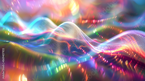 Abstract sound wave background on silver holographic background. Spherical figures, rainbow colors. Endless network. Technology concept. © Alina Tymofieieva