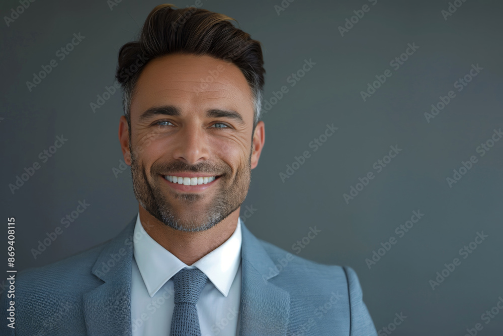 Confident businessman smiling. Emitting a sense of success and professionalism, this image is ideal for corporate websites, marketing materials, and business profiles Confident businessman smiling. Emitting a sense of success and professionalism, this image is ideal for corporate websites, marketing materials, and business profiles