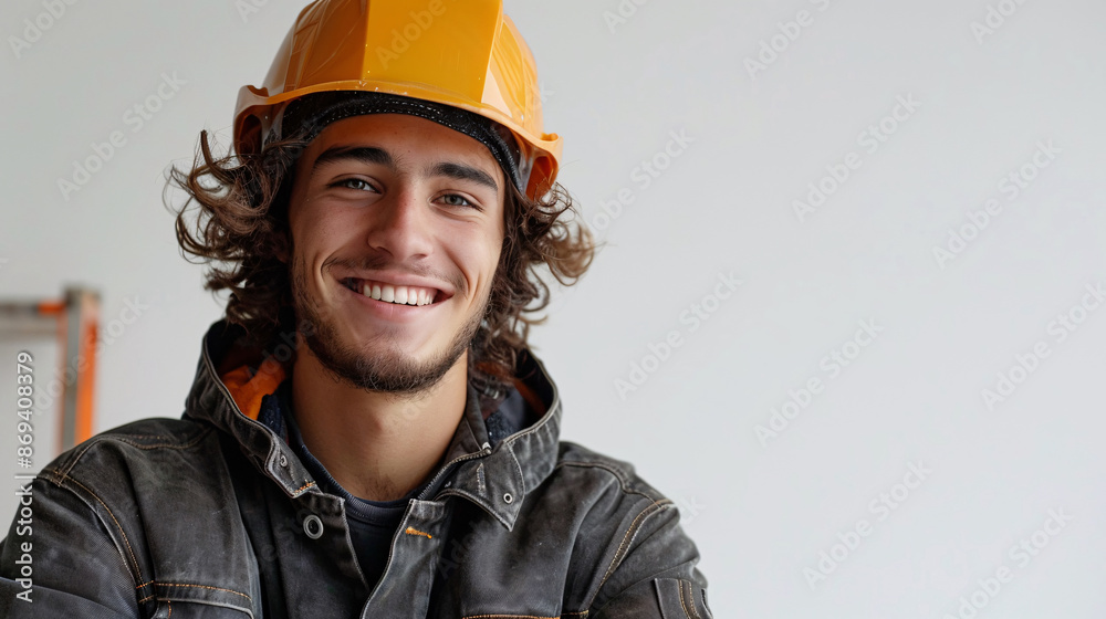 Cheerful construction manager with wavy hair and helmet, smiling confidently on white background Cheerful construction manager with wavy hair and helmet, smiling confidently on white background