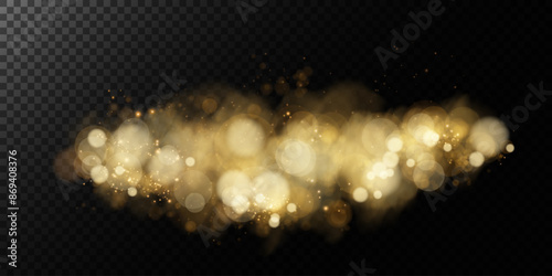 Luminous bokeh, softly shimmering with gold dust and bright star particles. Light abstract glowing lights. Glowing bokeh effect isolated on dark background. Christmas background made of glowing dust.	