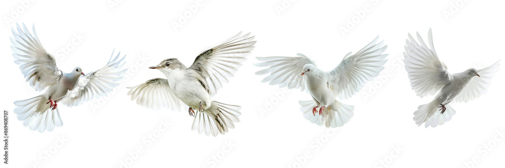 Obraz premium Graceful White Doves in Flight Against a Transparent Background