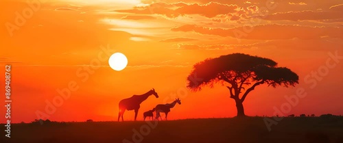 Panorama silhouette Giraffe family and tree in africa with sunset.Tree silhouetted against a setting sun