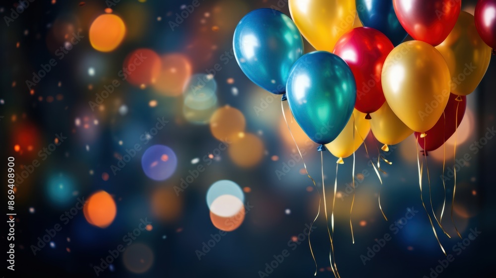 Brightly colored balloons against a dark background with bokeh lights, capturing a festive and celebratory atmosphere. Brightly colored balloons against a dark background with bokeh lights, capturing a festive and celebratory atmosphere.