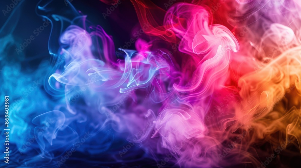 Fototapeta premium Vibrant blue, pink, and orange smoke swirls against a dark background, creating a dynamic and abstract visual effect.