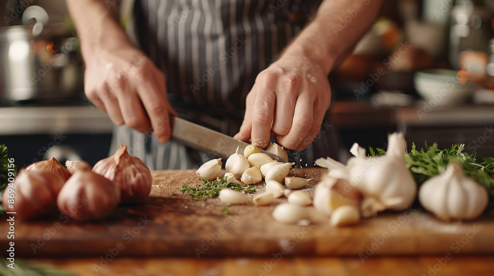 Chef cutting fresh garlic on a wooden cutting board with ingredients in the background Chef cutting fresh garlic on a wooden cutting board with ingredients in the background