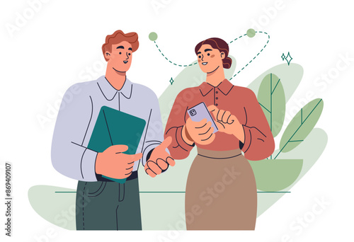 Scene at office. Happy man and woman entrepreneurs or employees communicate with each other. Partnership and teamwork. Business activity. Flat vector illustration isolated on white background