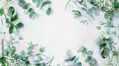 Green leaves of the plant border the empty space on a white background.