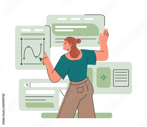 Scene at office. Woman SMM specialist optimizes search engines for successful marketing and business promotion on Internet. Achieving success. Flat vector illustration isolated on white background