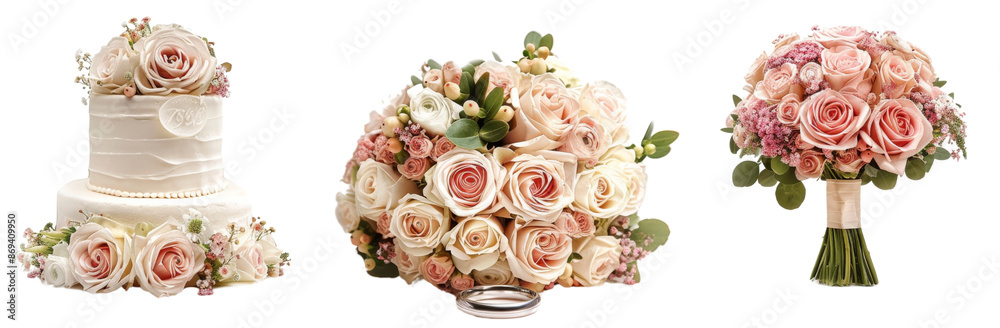 Elegant Wedding Collection with Rings, Bouquets, and Cakes cut out dicut PNG on transparent in Studio Setting Elegant Wedding Collection with Rings, Bouquets, and Cakes cut out dicut PNG on transparent in Studio Setting