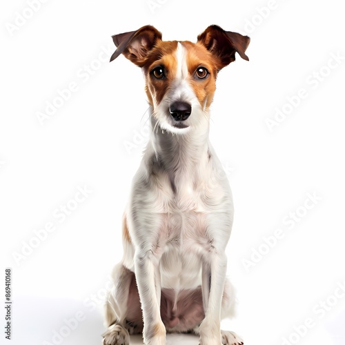 Smooth fox terrier dog breed standing against white background, AI Generated