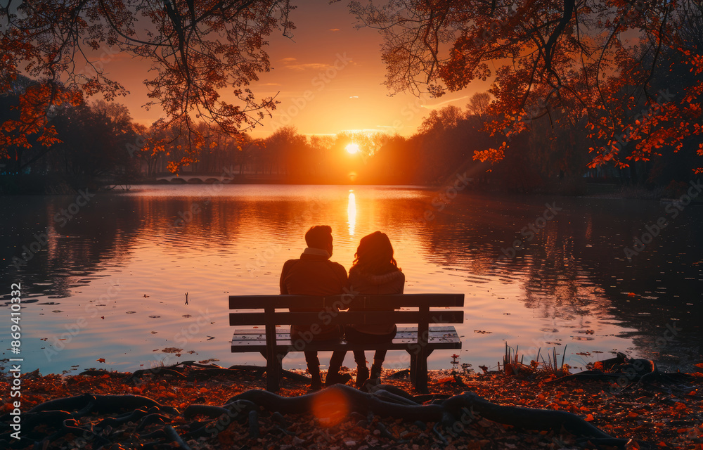 Fototapeta premium A couple is sitting on a bench by a lake, watching the sun set