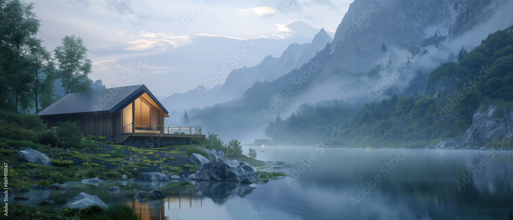 Fototapeta premium Small house near a lake amidst fog and mountains