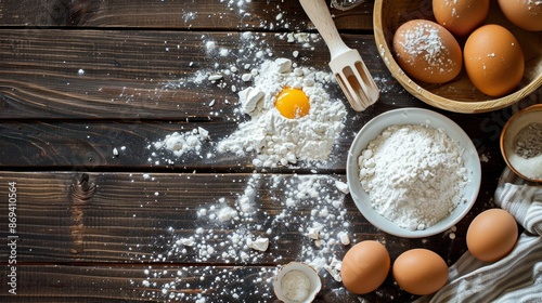 Baking ingredients on a wooden table photo
