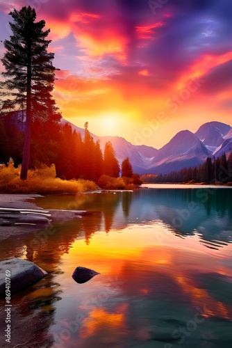 Majestic sunset of the mountains landscape. Wonderful Nature landscape during sunset. Beautiful colored trees over the Federa lake, glowing in sunlight. wonderful picturesque scene. color in nature 