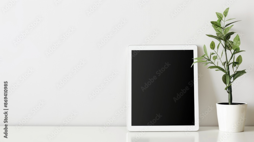 Blank tablet and small potted plant on white desk against wall Blank tablet and small potted plant on white desk against wall