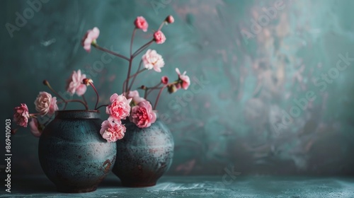 Pink flowers in dark ceramic vases