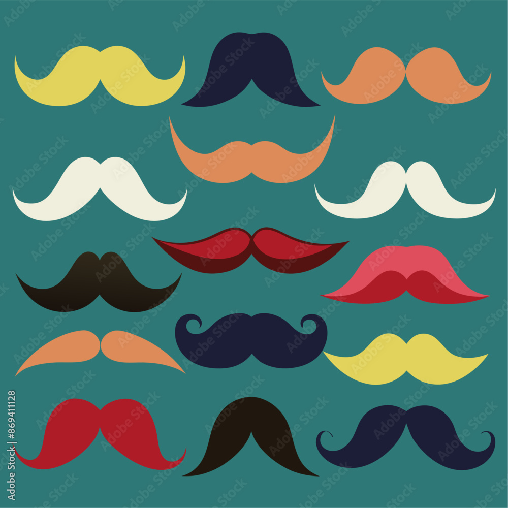 A variety of colorful mustaches against a blue backdrop A variety of colorful mustaches against a blue backdrop
