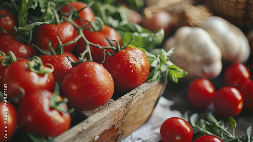 Fresh tomatoes in a wooden crate Fresh tomatoes in a wooden crate