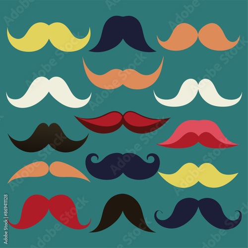 A variety of colorful mustaches against a blue backdrop