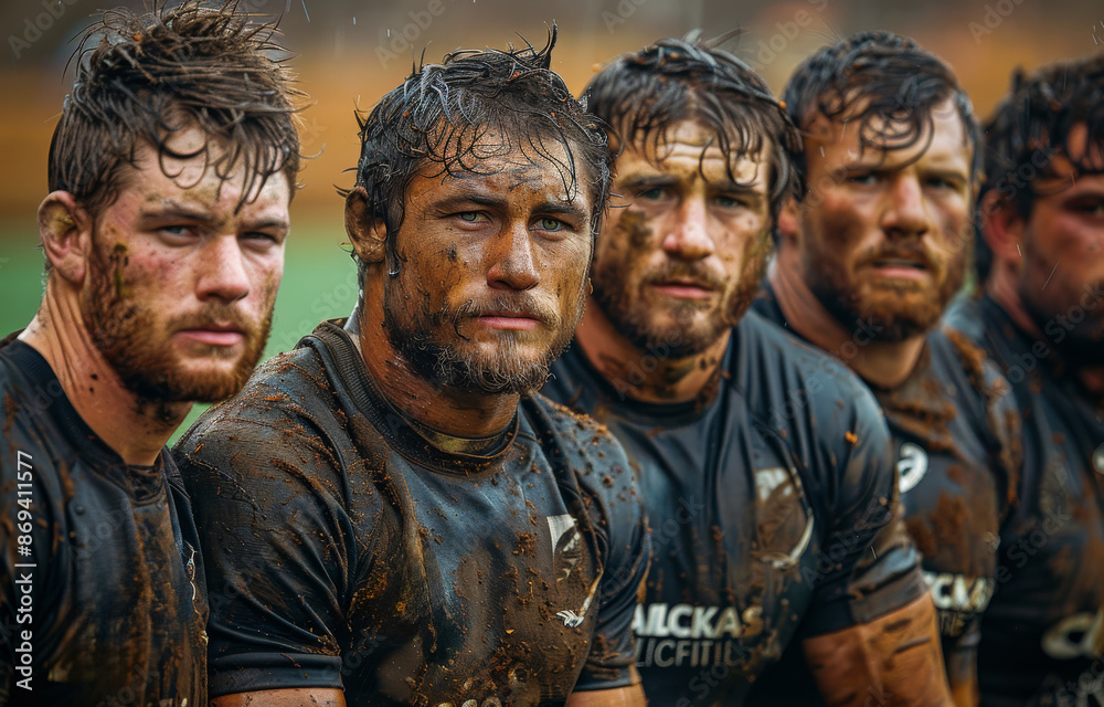 A group of men are standing in a muddy field, with their faces covered in mud A group of men are standing in a muddy field, with their faces covered in mud