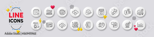 Trade infochart, Cloud share and Environment day line icons. White buttons 3d icons. Pack of Healthcare calendar, Web report, Hearing icon. Vector