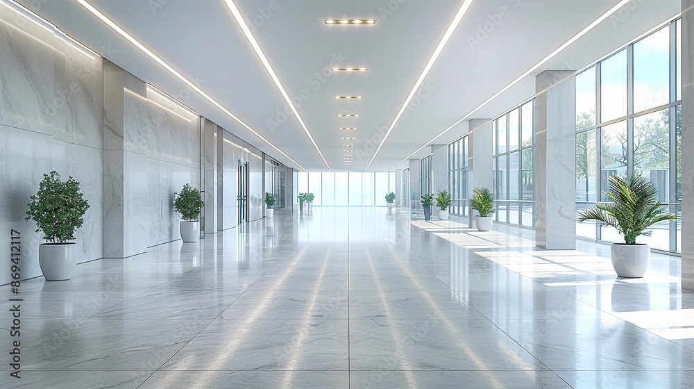 Modern open space interior with top to floor panoramic windows, lots of light and shiny reflective marble floor Modern open space interior with top to floor panoramic windows, lots of light and shiny reflective marble floor