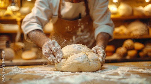 Commercial image of a baker kneading bread dough