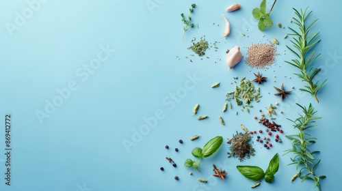 Fototapeta Naklejka Na Ścianę i Meble -  Zen-like arrangement of minimalistic herbs and spices on a serene blue background, top view with calm space for text