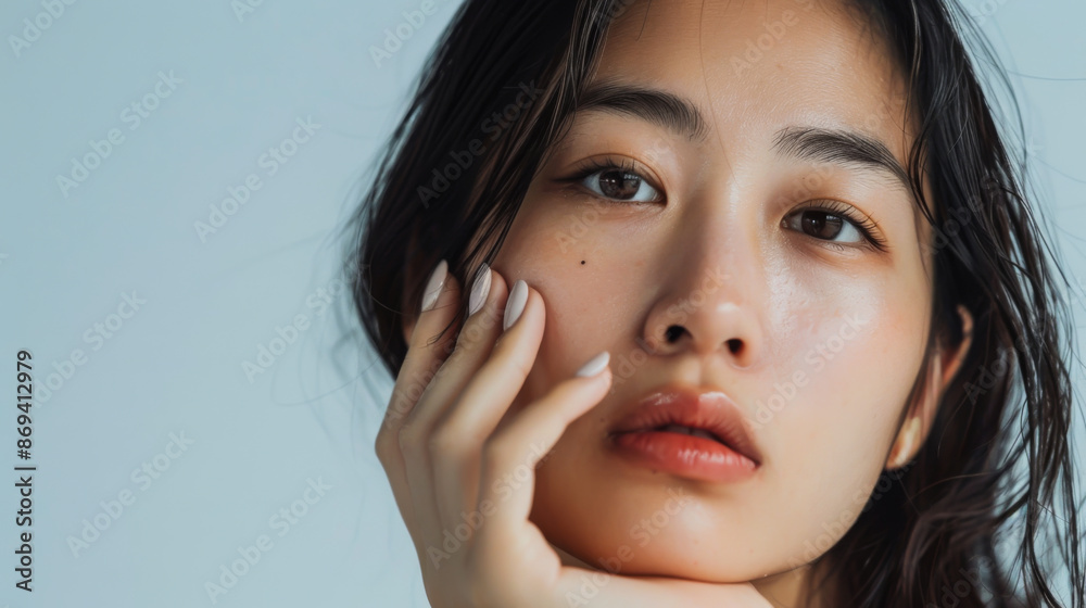 Beauty portrait of a young Asian woman touching her face. Beautiful Korean woman posing on a white background. Beauty and facial care concept. Beauty portrait of a young Asian woman touching her face. Beautiful Korean woman posing on a white background. Beauty and facial care concept.