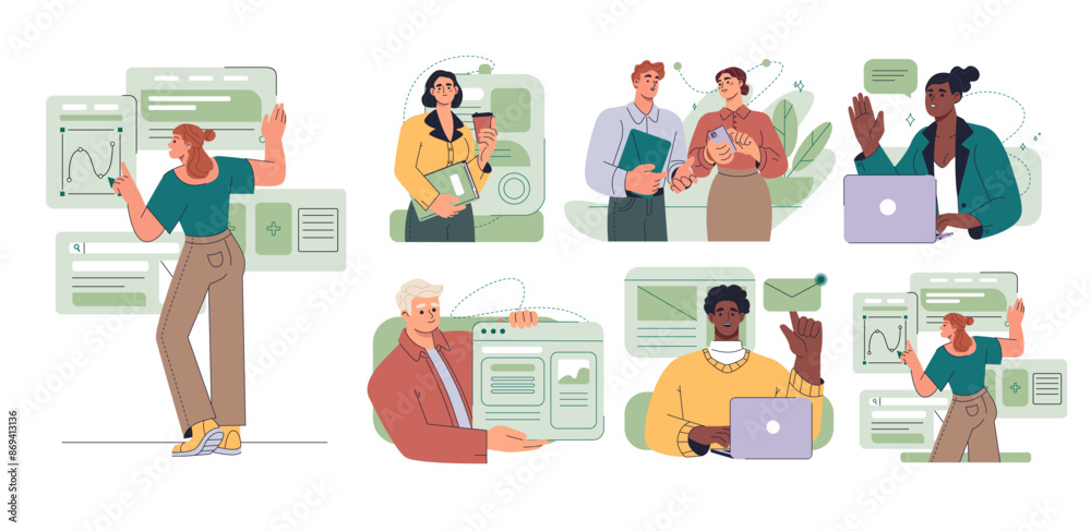 Set of scenes at office. People engaged in business activity, communicate with colleagues, present project and develop growth strategy. Flat vector illustration collection isolated on white background Set of scenes at office. People engaged in business activity, communicate with colleagues, present project and develop growth strategy. Flat vector illustration collection isolated on white background