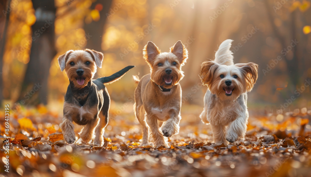 Three Yorkshire Terriers Running Through Autumn Leaves Three Yorkshire Terriers Running Through Autumn Leaves
