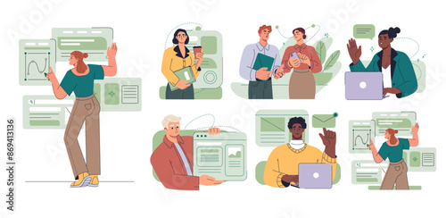 Set of scenes at office. People engaged in business activity, communicate with colleagues, present project and develop growth strategy. Flat vector illustration collection isolated on white background