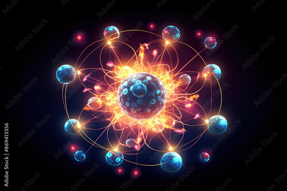 Close up of atomic nucleus with orbiting particles on dark background, retro futurism Close up of atomic nucleus with orbiting particles on dark background, retro futurism