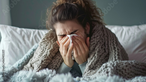 A sick person sneezes under the blanket and uses tissues from a box placed next to the bed. This illustrates common cold symptoms, which can include a runny nose, cough and general weakness.