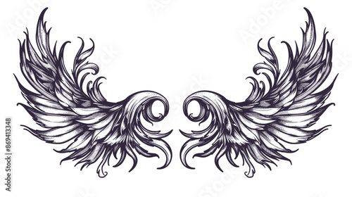 The wings are drawn in black and white. They are very detailed and have a lot of texture