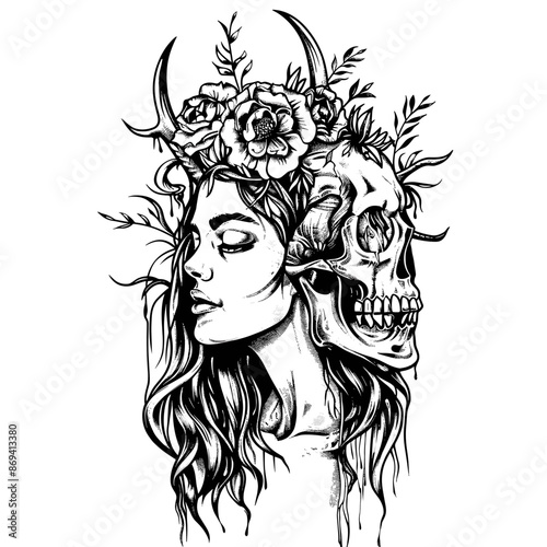 A woman with horns and flowers on her head is sitting next to a skull. The skull is half of the woman's face