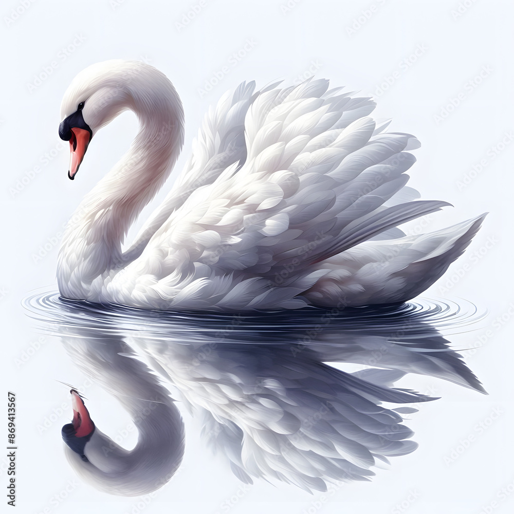 Fototapeta premium graceful swan swimming reflection white background
